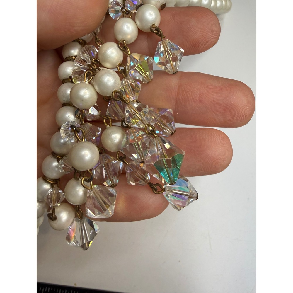 Vintage Faux Pearl Aurora Borealis Crystal Fringe Necklace Iridescent Hook Clasp